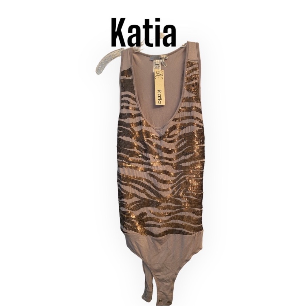 Katia Gray Leopard Sequin Bodysuit L NWT